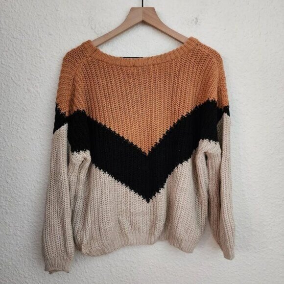 Lulus Autumn Leaves Tan Multi Chevron Stripe Knit Sweater Women's Size Large - Picture 6 of 9